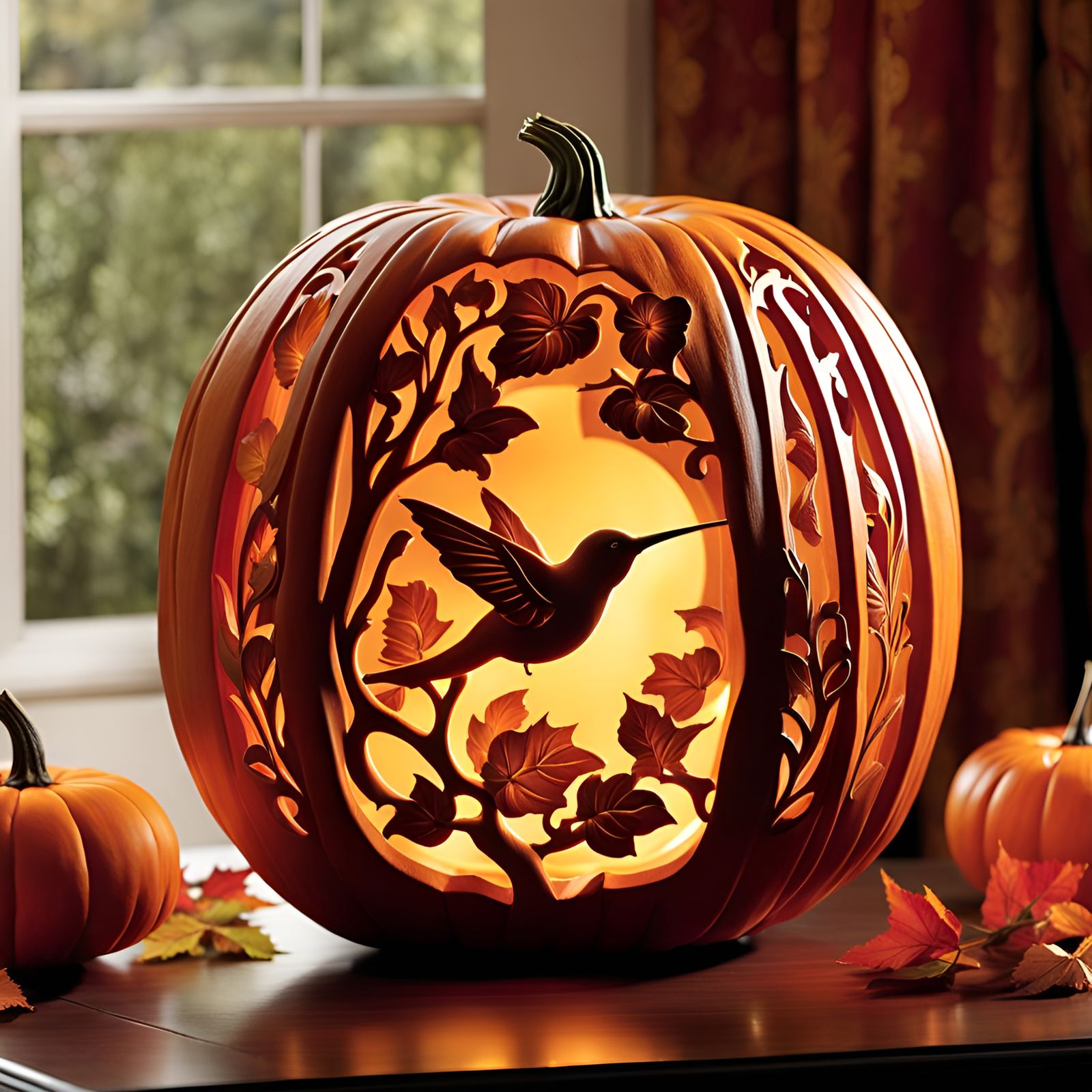 Pumpkin Carving Reveals Enchanting Hummingbird Sculpture