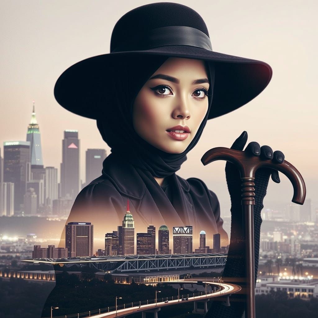 A stylized double exposure photograph captures a strikingly beautiful Korean supermodel, her expression conveying quiet ...