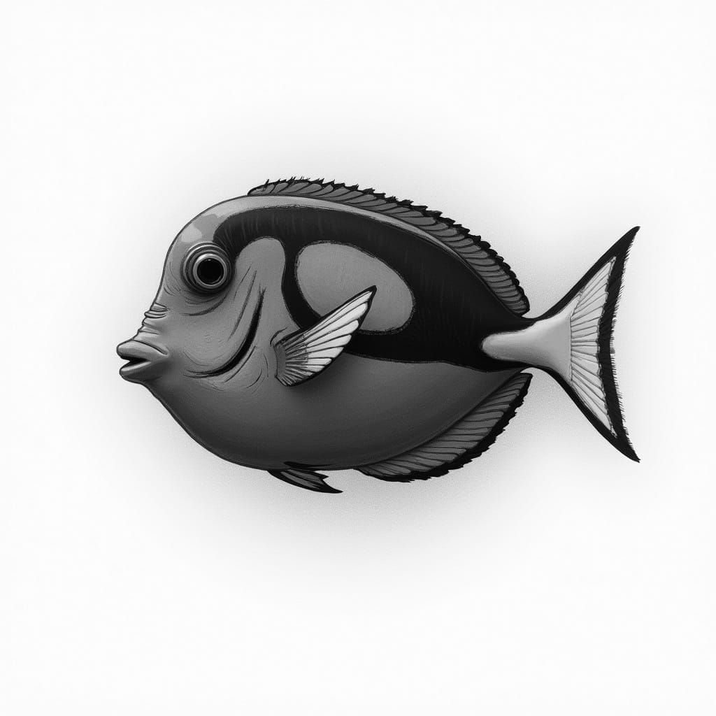 Grayscale Pencil Drawing of a Blue Tang Fish