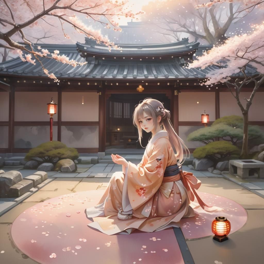 Anime Girl in Japanese Temple Pastel Painting