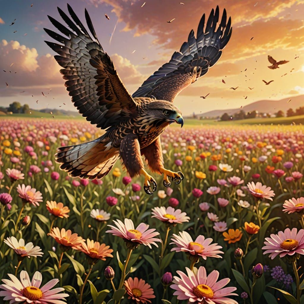 Hawk Flying Over Flower Field in Splash Art Style
