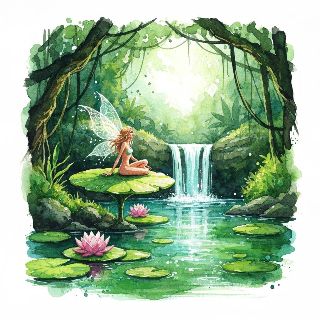 Faerie on Lily Pad in Watercolor Painting