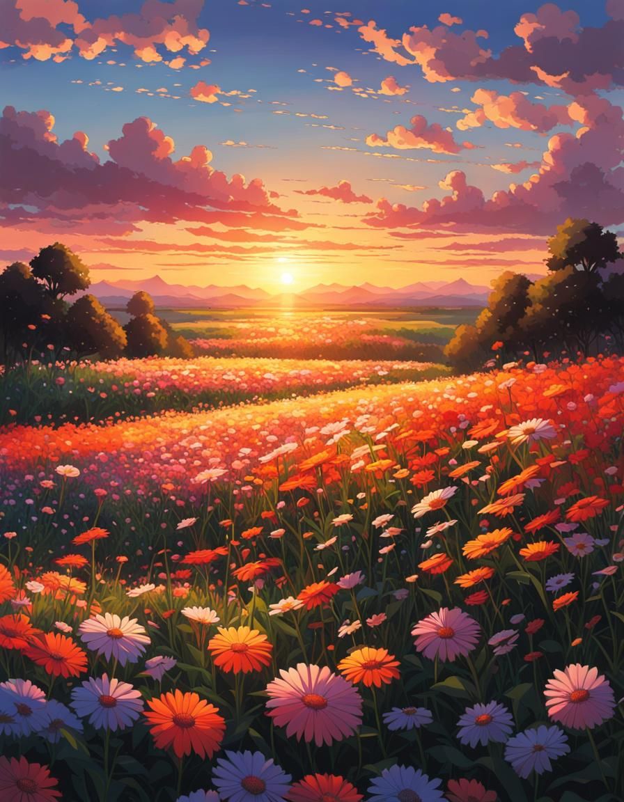 Anime Flower Field Sunset in Makoto Shinkai Style