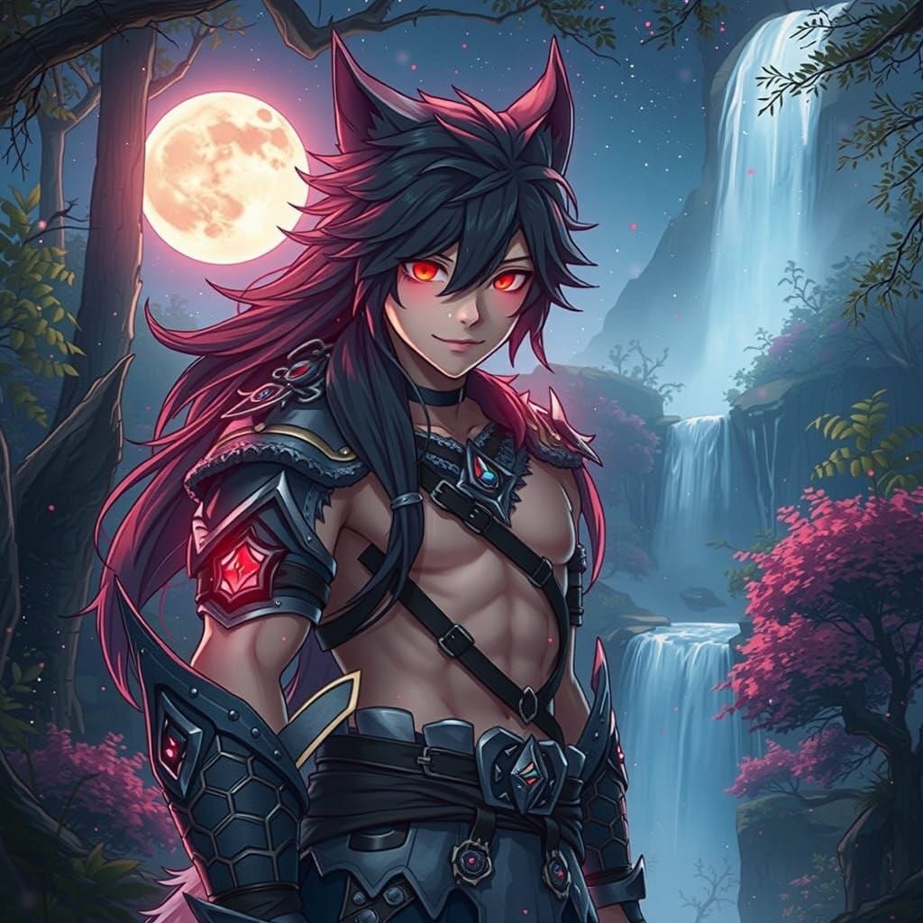 Anime Wolf Boy in Ethereal Moonlit Forest