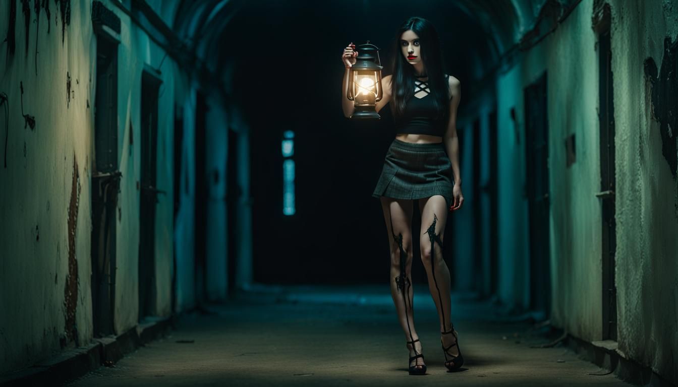 Woman with Lantern in Spooky Corridor
