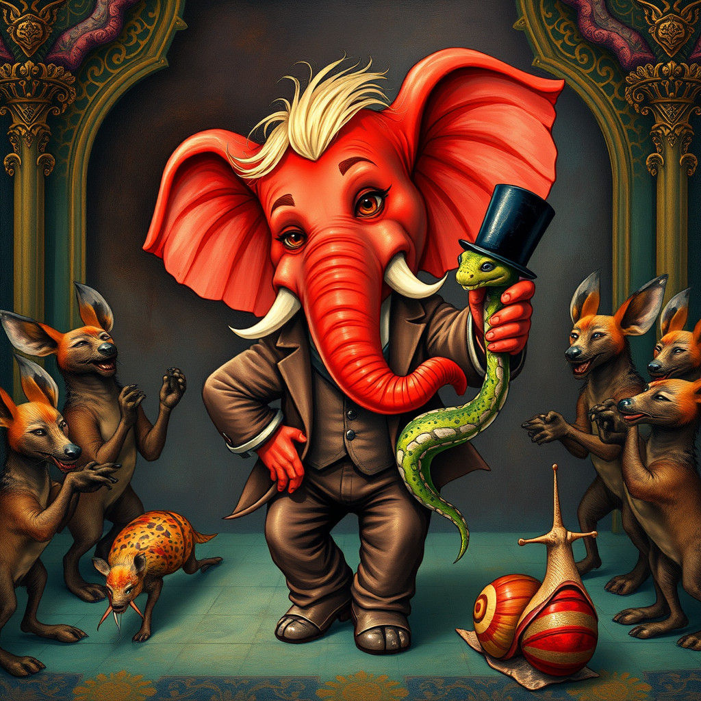 Red Elephant Dances with Snake, Whimsical Art
