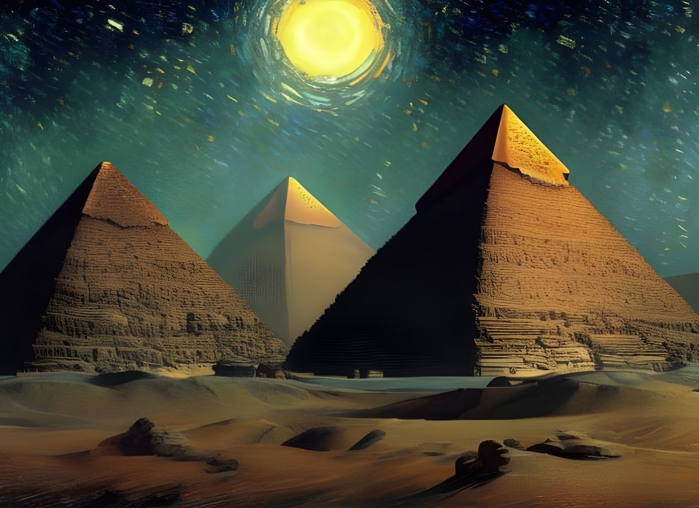 Great Pyramids Under Astral Sky, Surreal Oil Painting