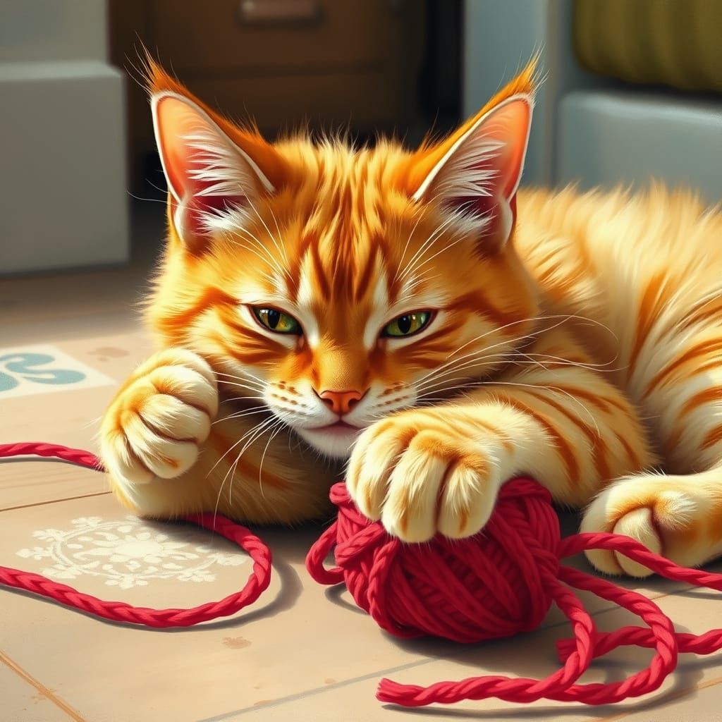 Mischievous Orange Cat Plays with Red Yarn