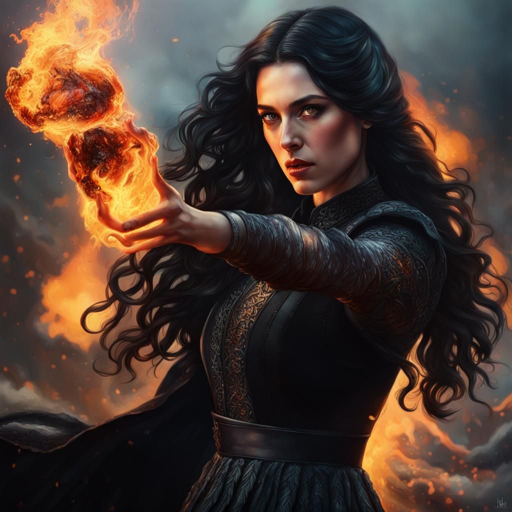 Yennefer Conjures Fire with Fury: Hyperrealistic Portrait