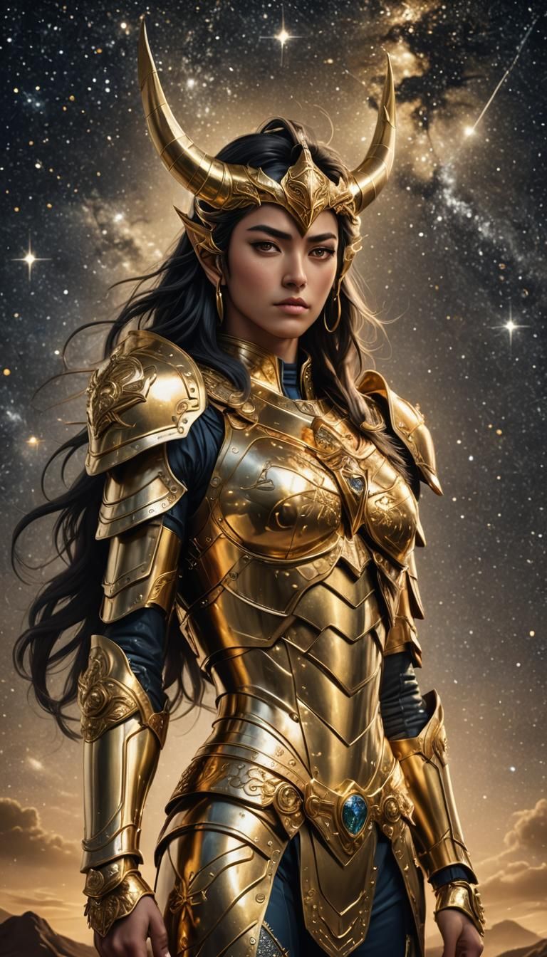 Golden Armored Woman Warrior in Starry Night