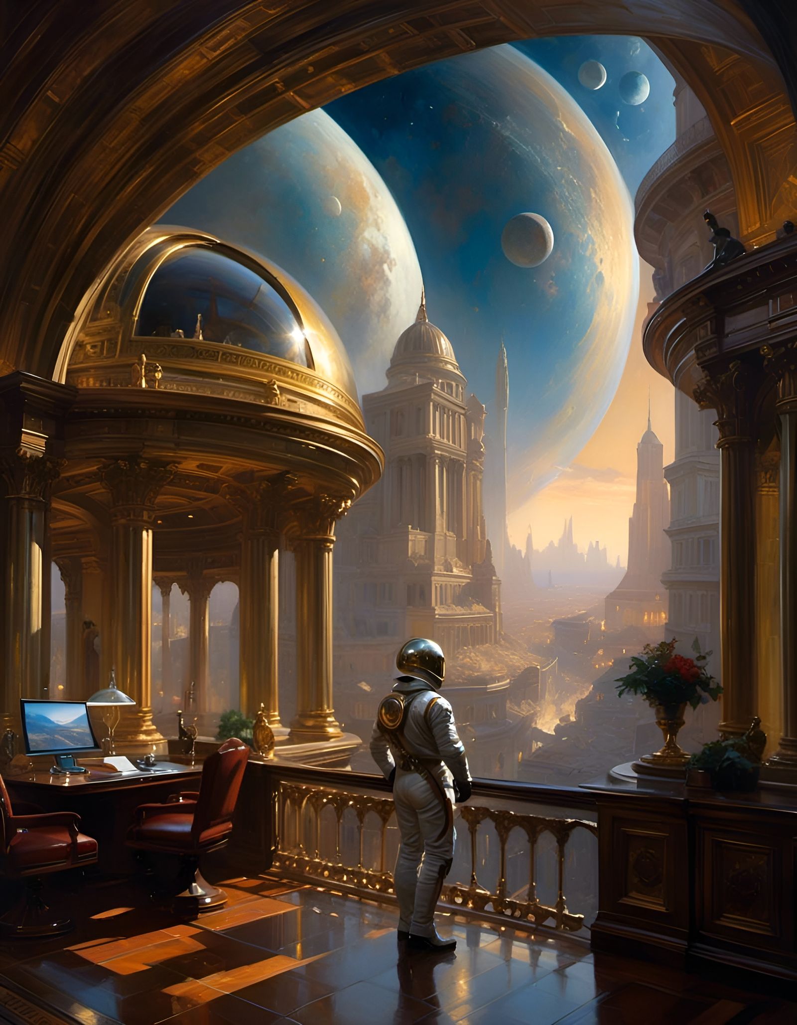 Cosmic Astronaut Helmet Reflecting Futuristic City