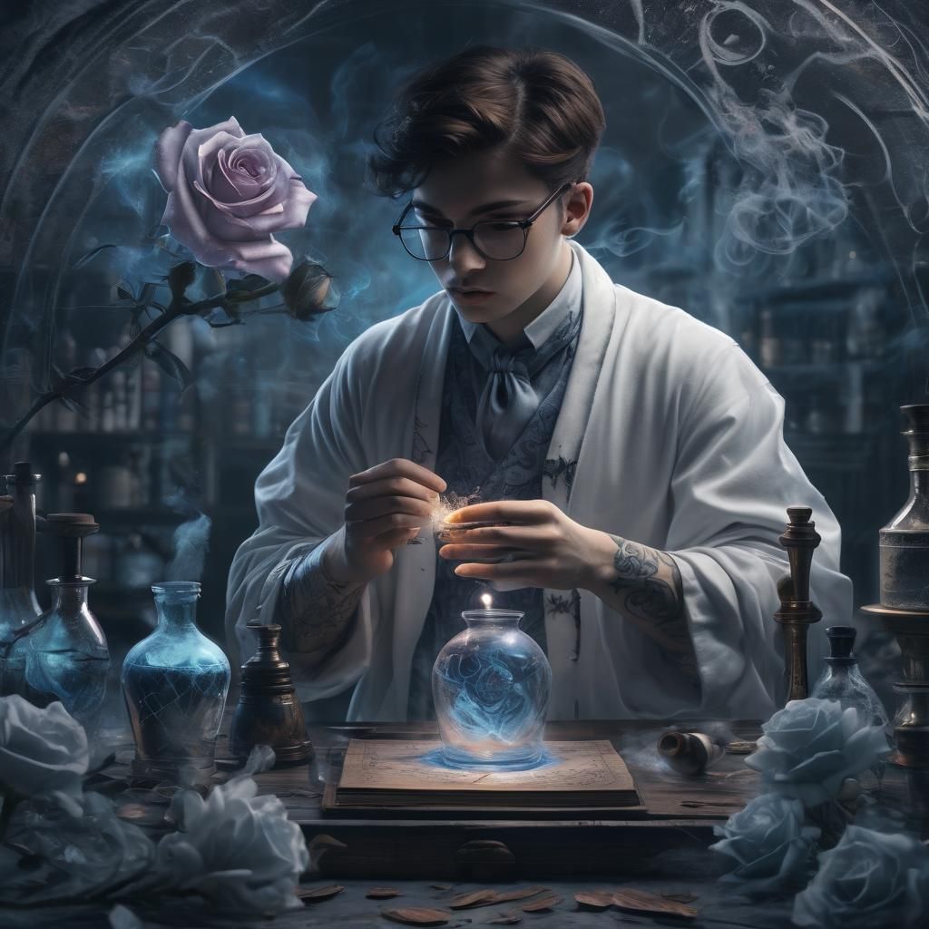 Alchemist and Magical Rose Portrait in Blue Tones