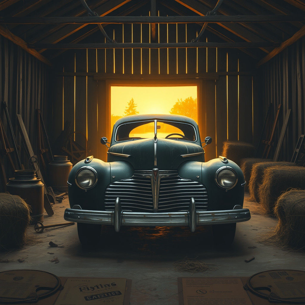 Vintage Car Discovery in Barn at Sunset
