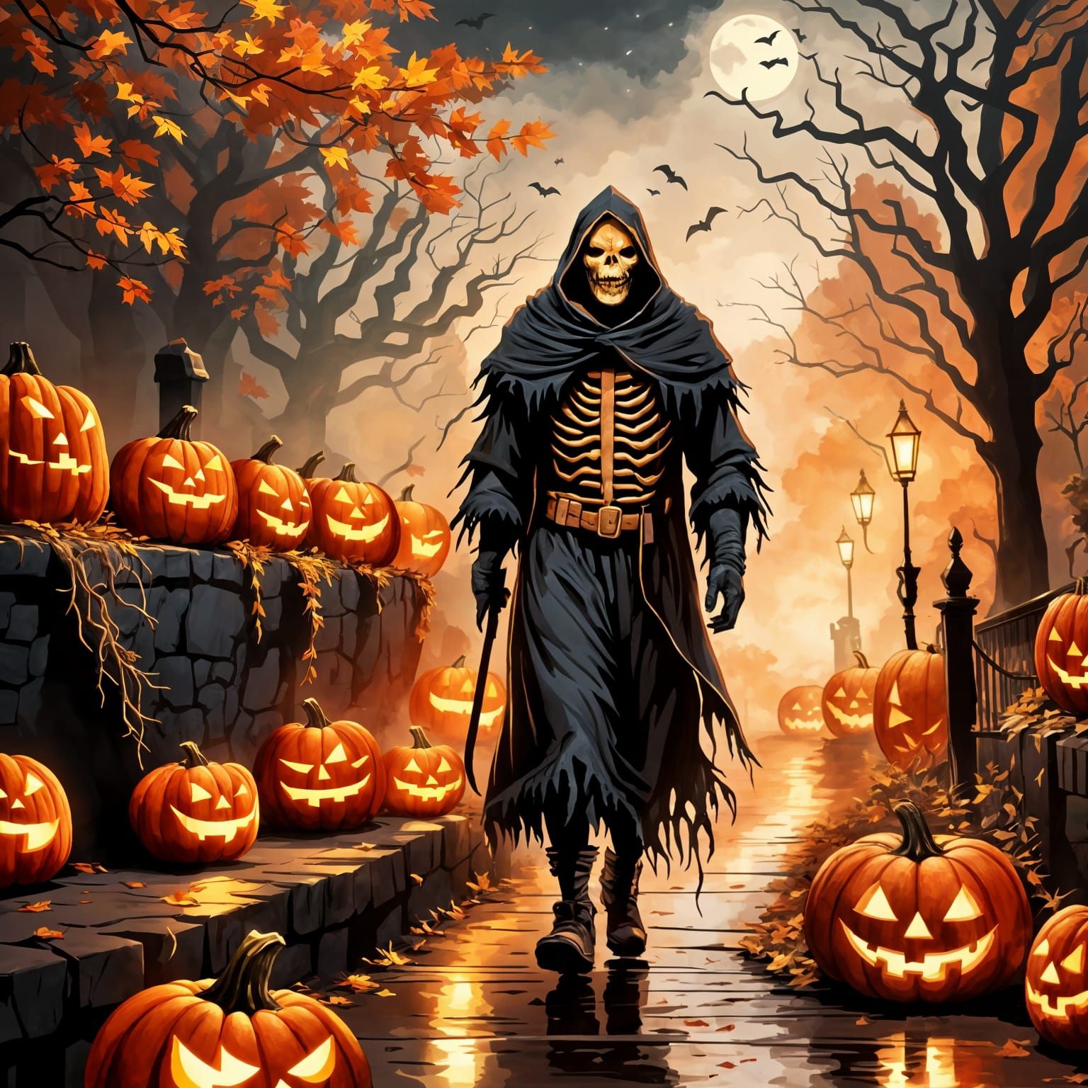 Halloween Parade with Creepy Creatures and Jack-o-Lanterns