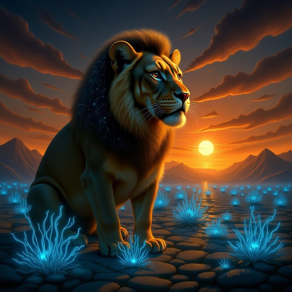 Stardust Lion Gazing Over Bioluminescent Alien Field