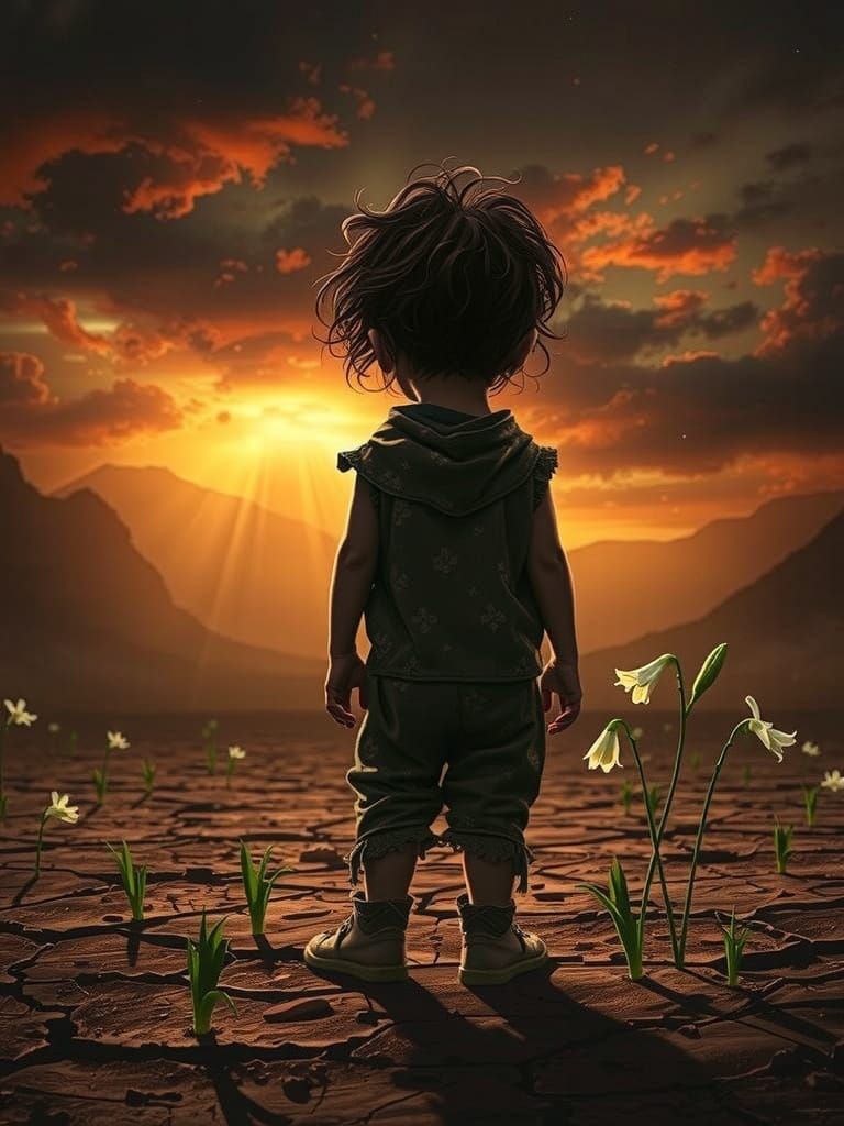 Small Child Standing in Desolate Valley Landscape