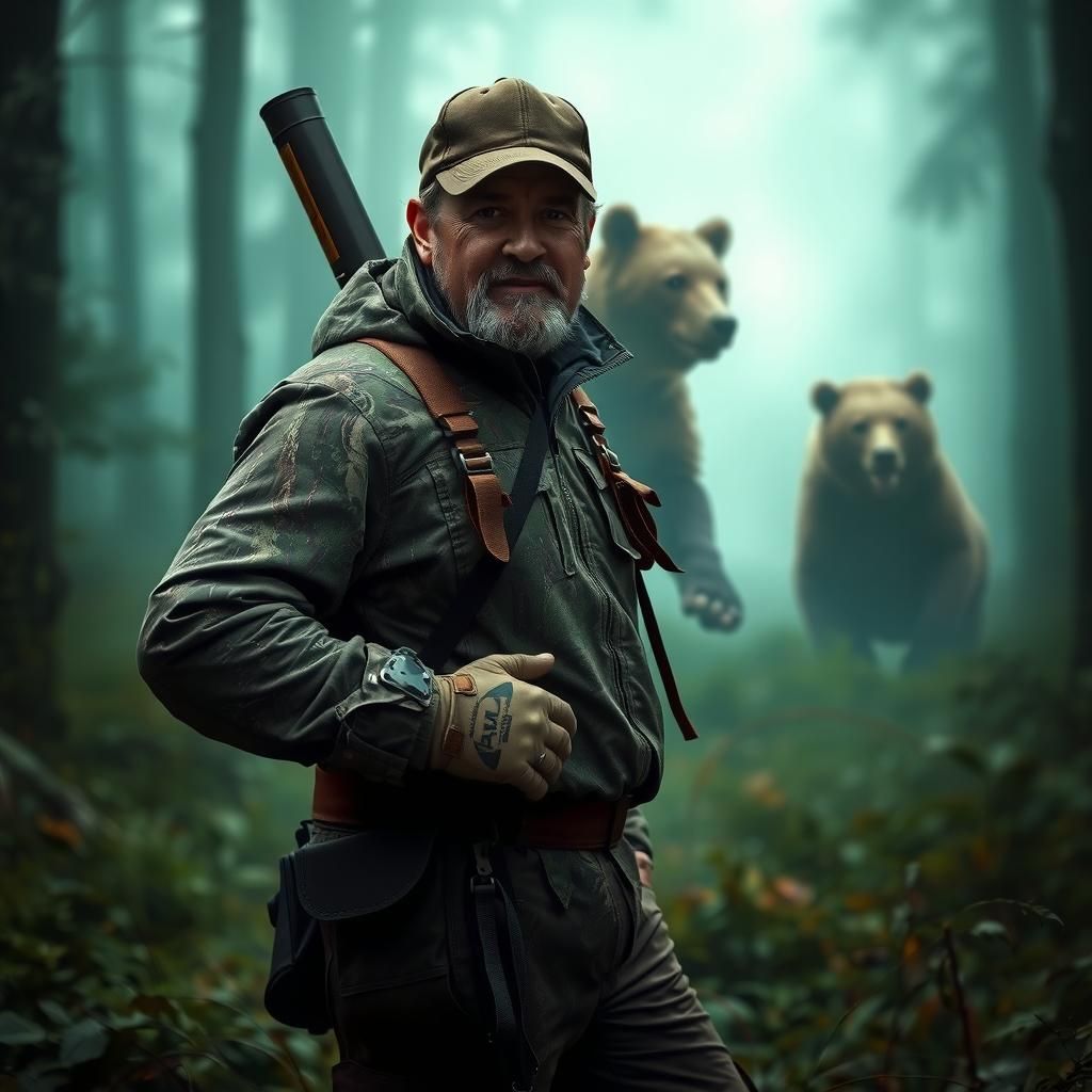 Hunter in Misty Forest with Bears, in Beksiński Style