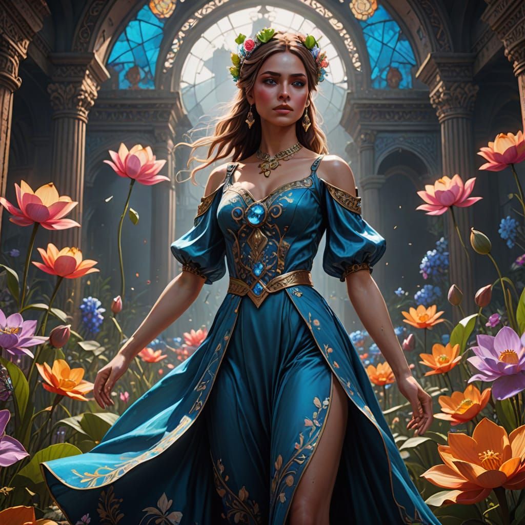 Rebellious Woman Dancing in Flowers, Luminism Style