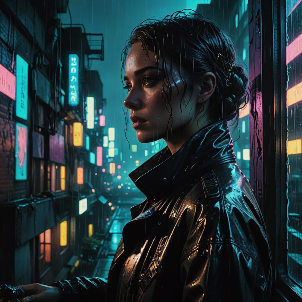 Cyberpunk Woman with Bio-Mechanical Arm by Neon Window