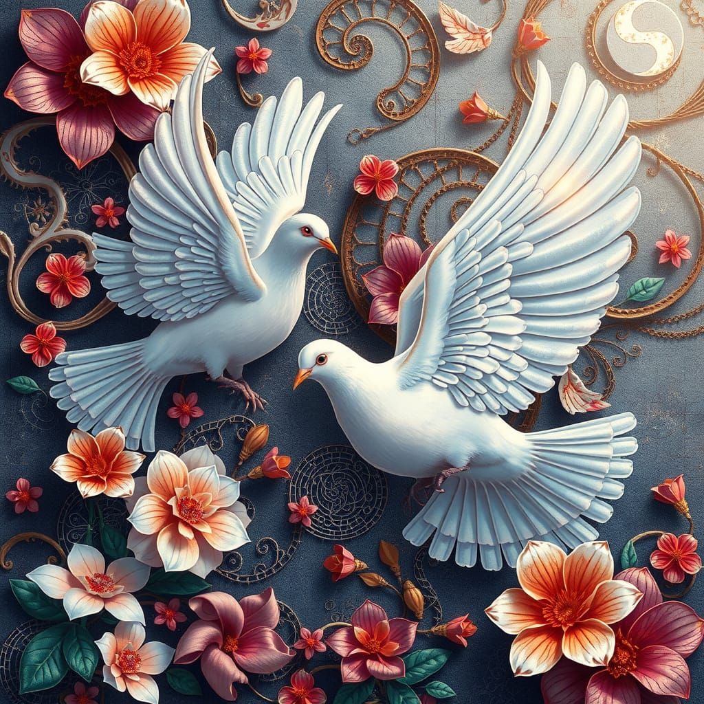 Surreal Fantasy Doves in Filigree Labyrinth