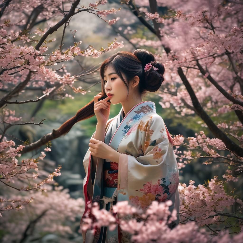 Japanese Lady Combing Hair in Ornate Forest Art