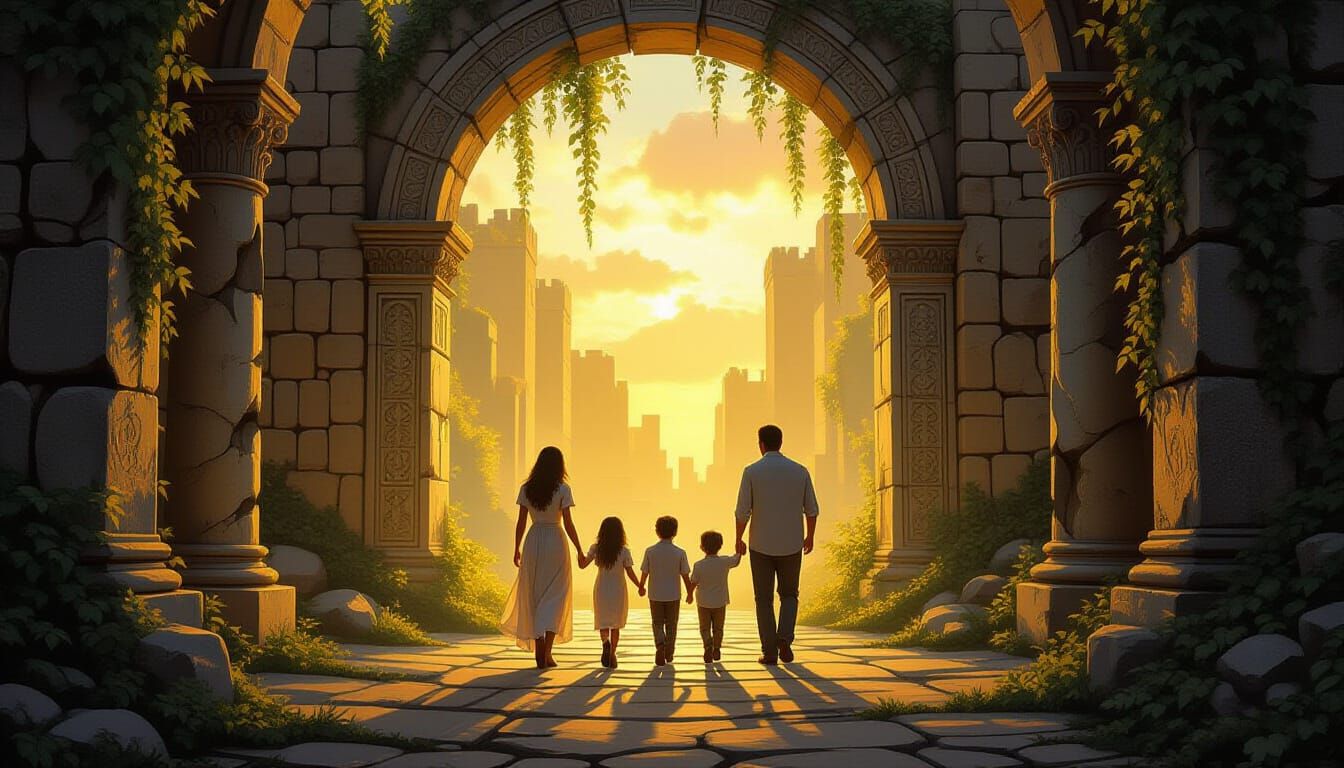 Family Adventure Through Mystical Ruins in Golden Sunlight
