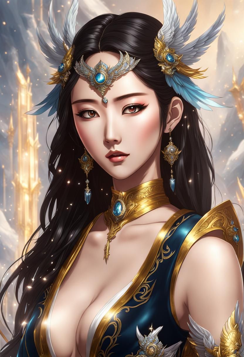 Attractive Korean holy goddess. Anime style. With intricate multilayered paladin armor and majestic robes and wings.