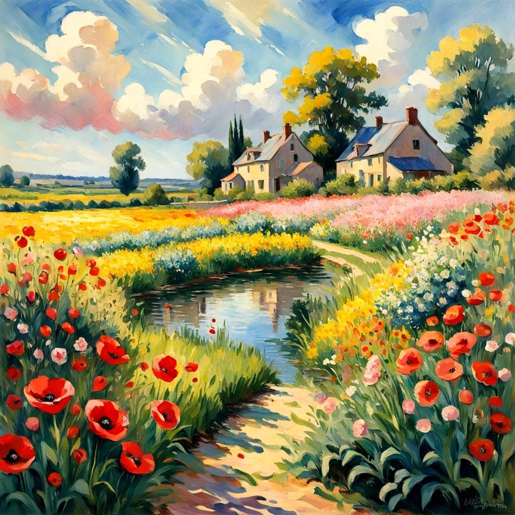 Impressionist Farmhouse with Poppies in Gouache Style