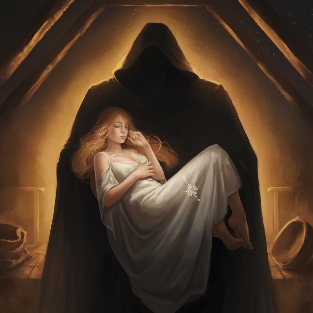 Mysterious Figure Cradles Sleeping Woman in Attic Scene