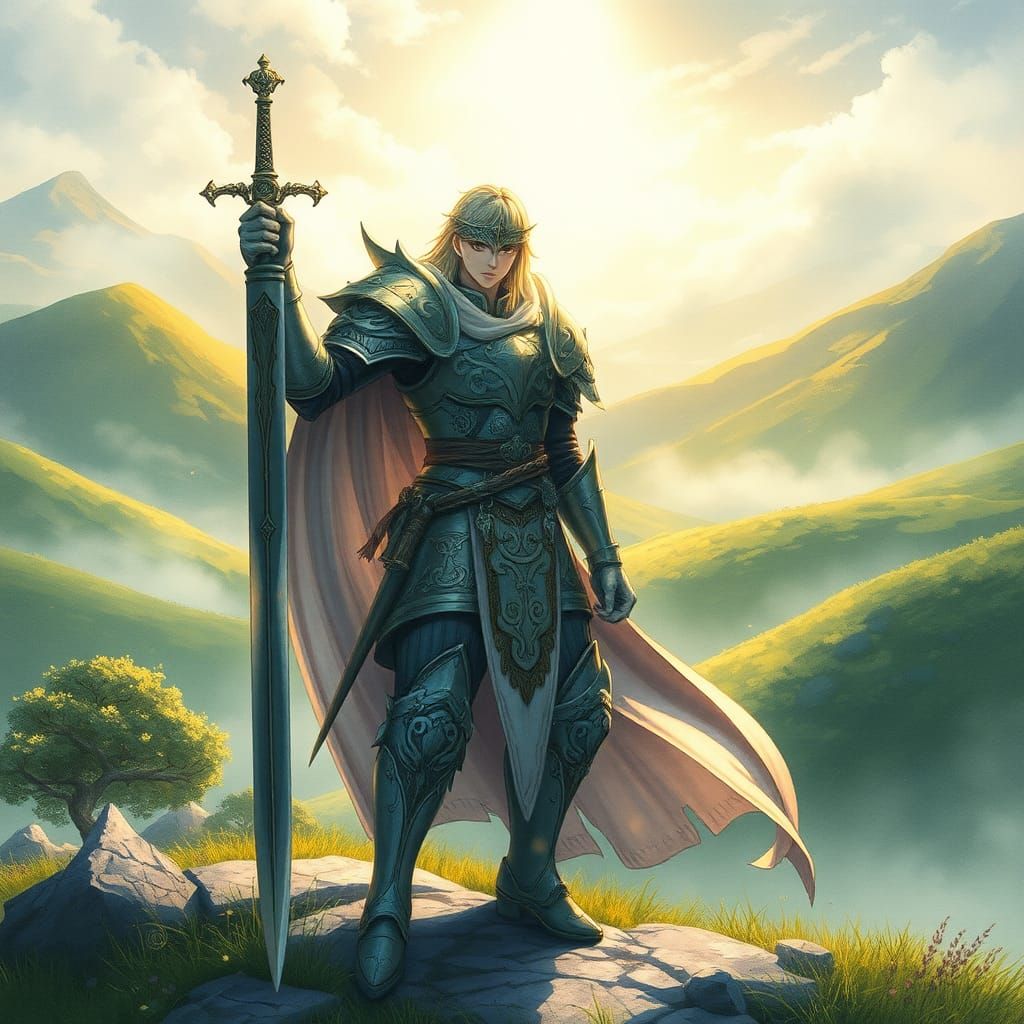Heroic Figure in Ethereal Anime Landscape