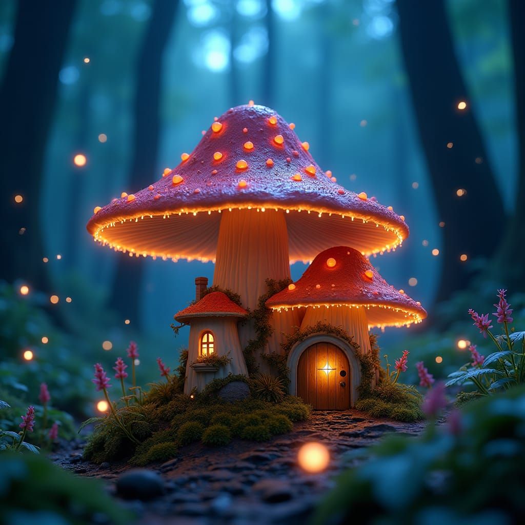 Enchanted Fairy Mushroom House in Bioluminescent Forest