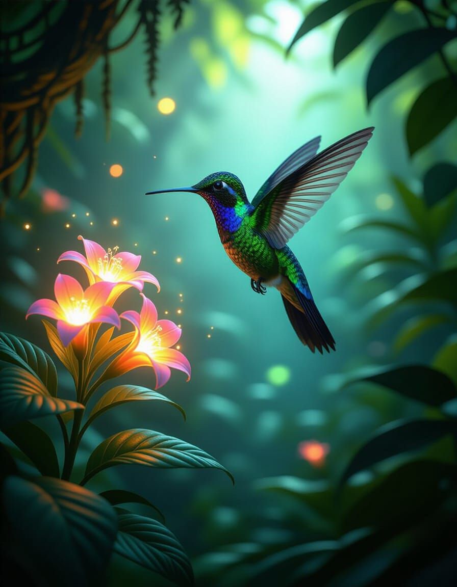 Bioluminescent Hummingbird in Alien Jungle Matte Painting