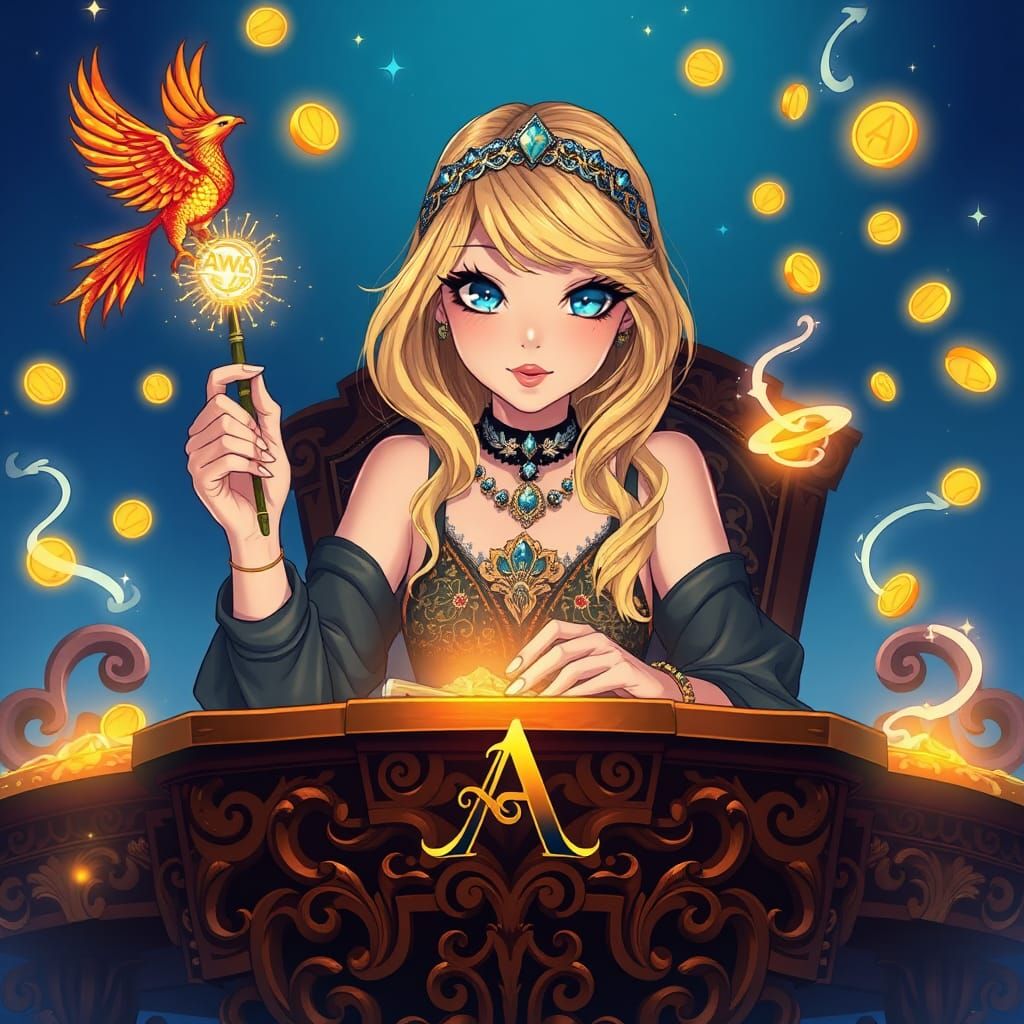 Anime Tarot Reader with Phoenix Emblem and Golden Coins