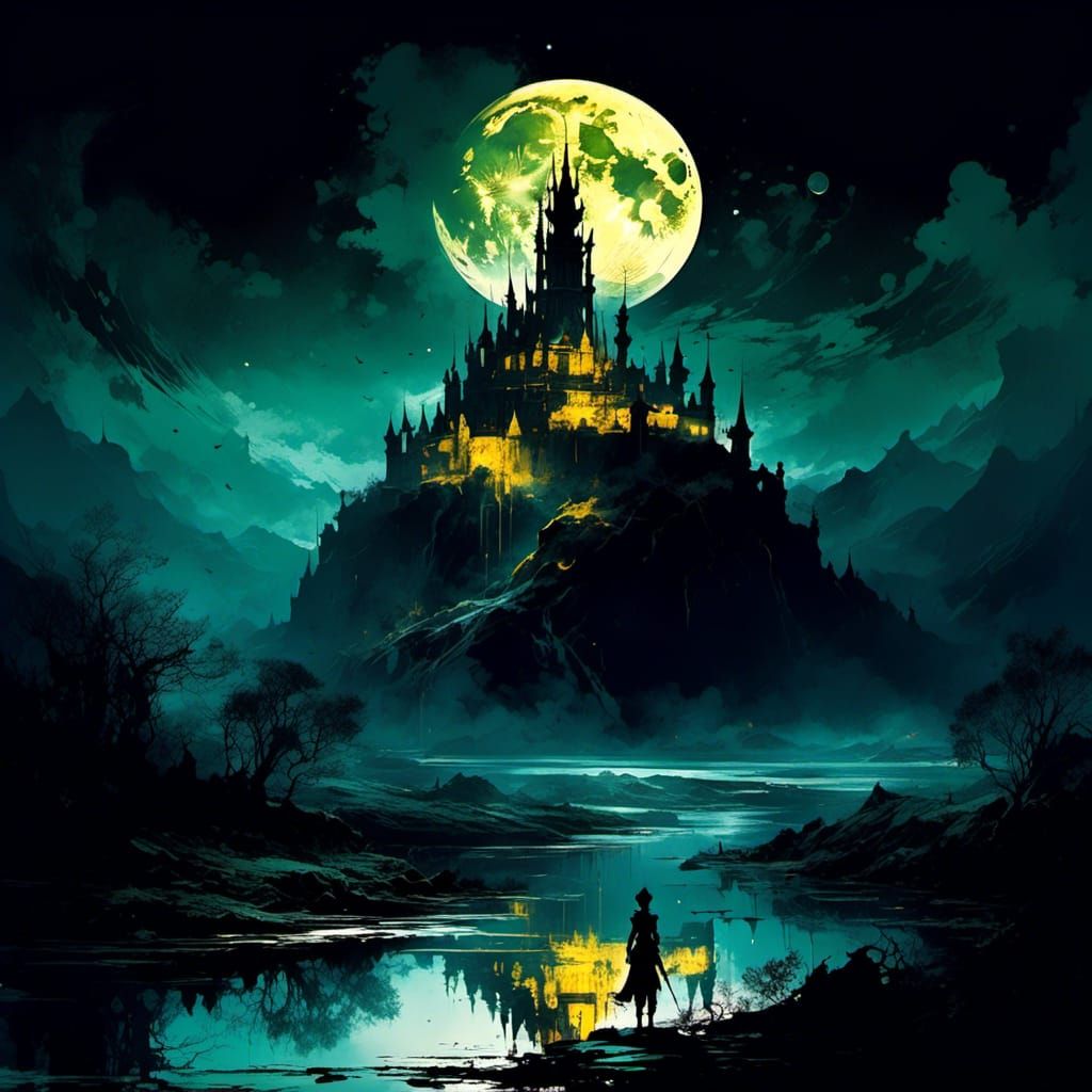 Moonlit Fantasy Castle in a Misty Landscape