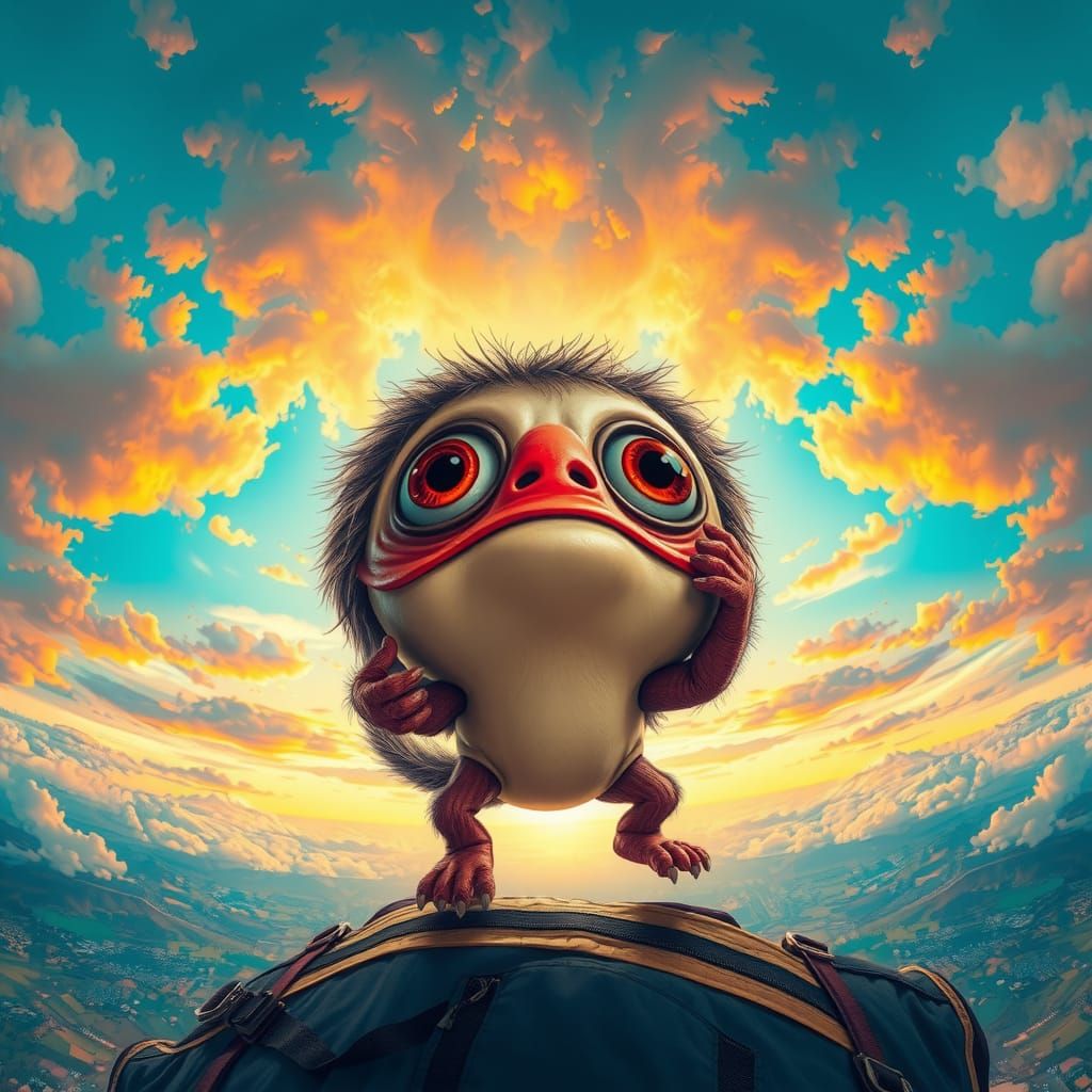 Cute Monster Fantasizing About Skydiving at Sunset