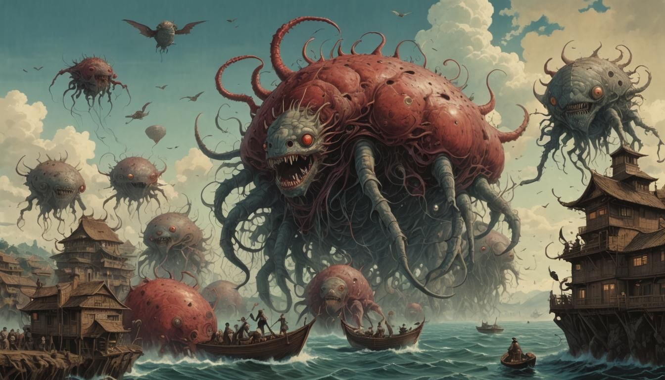 Monstrous Flying Cephalopods in Junji Ito Style