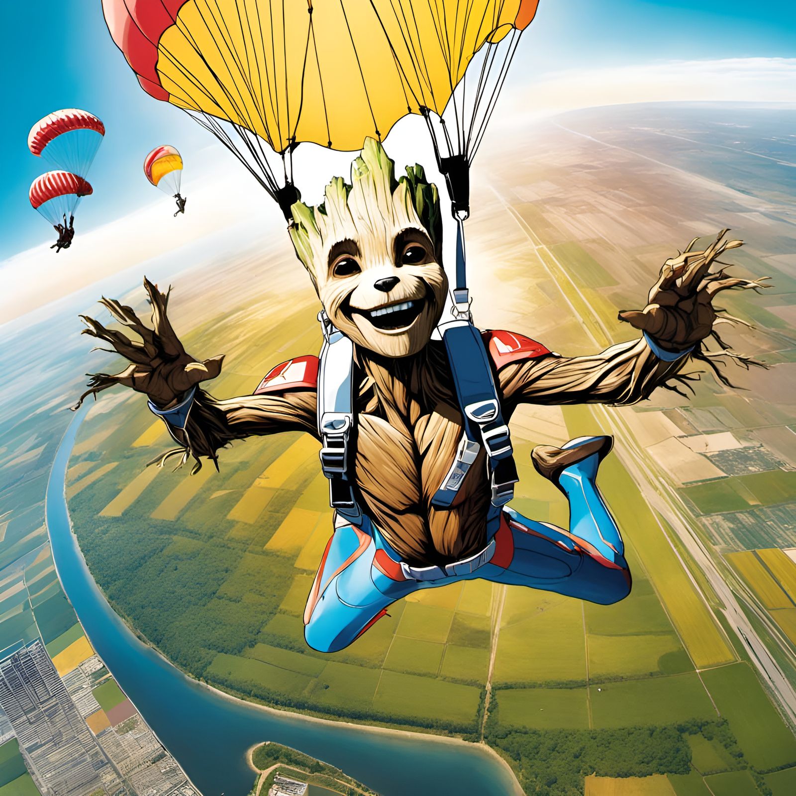 Groot Skydiving Portrait in Comic Book Style