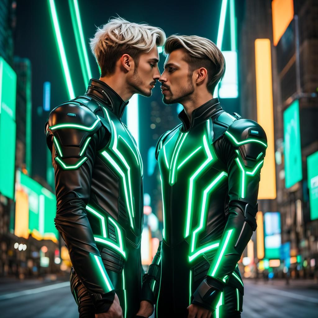 Cyberpunk Couple Kiss in Tron Style