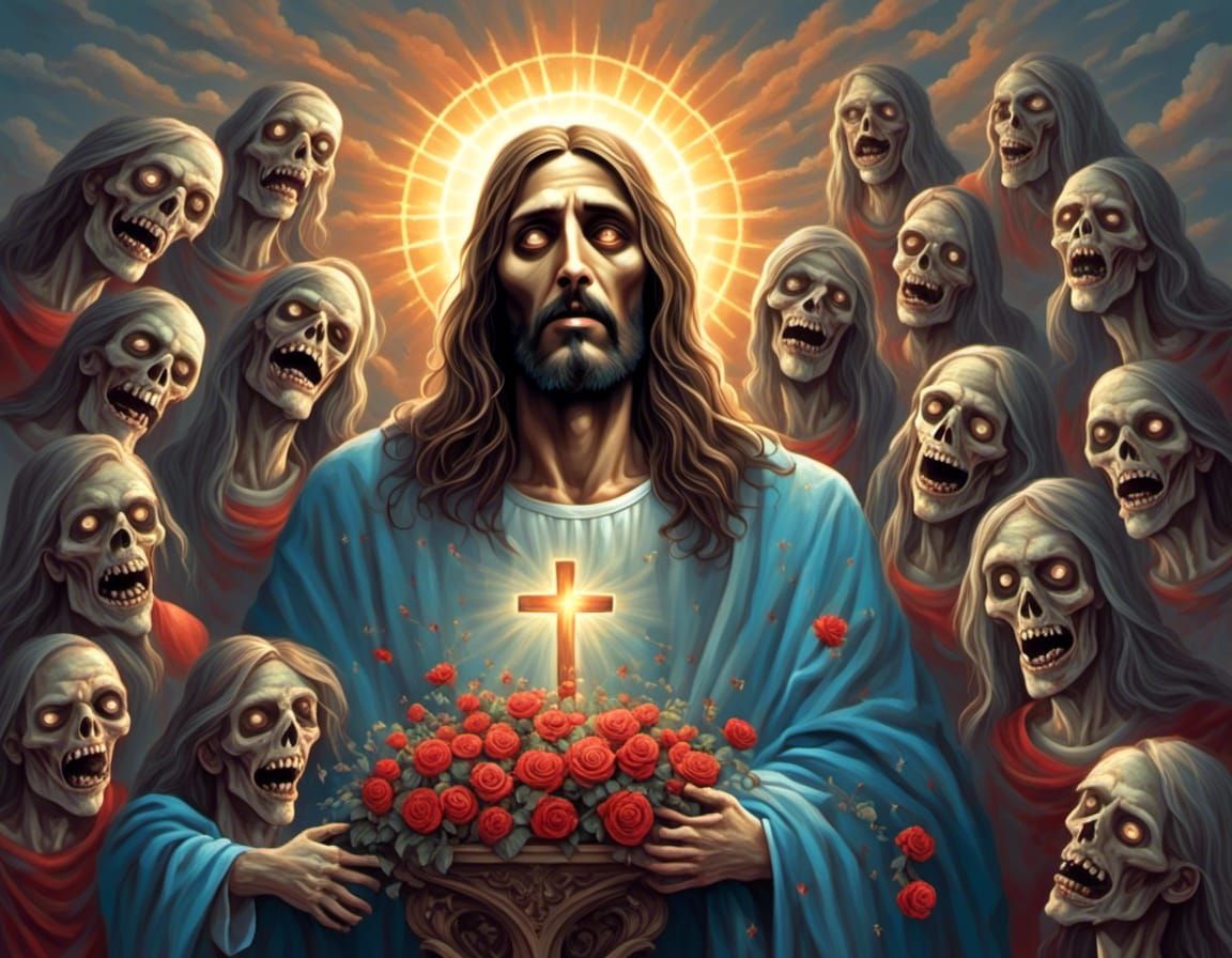 zombie jesus with roses, and his followers