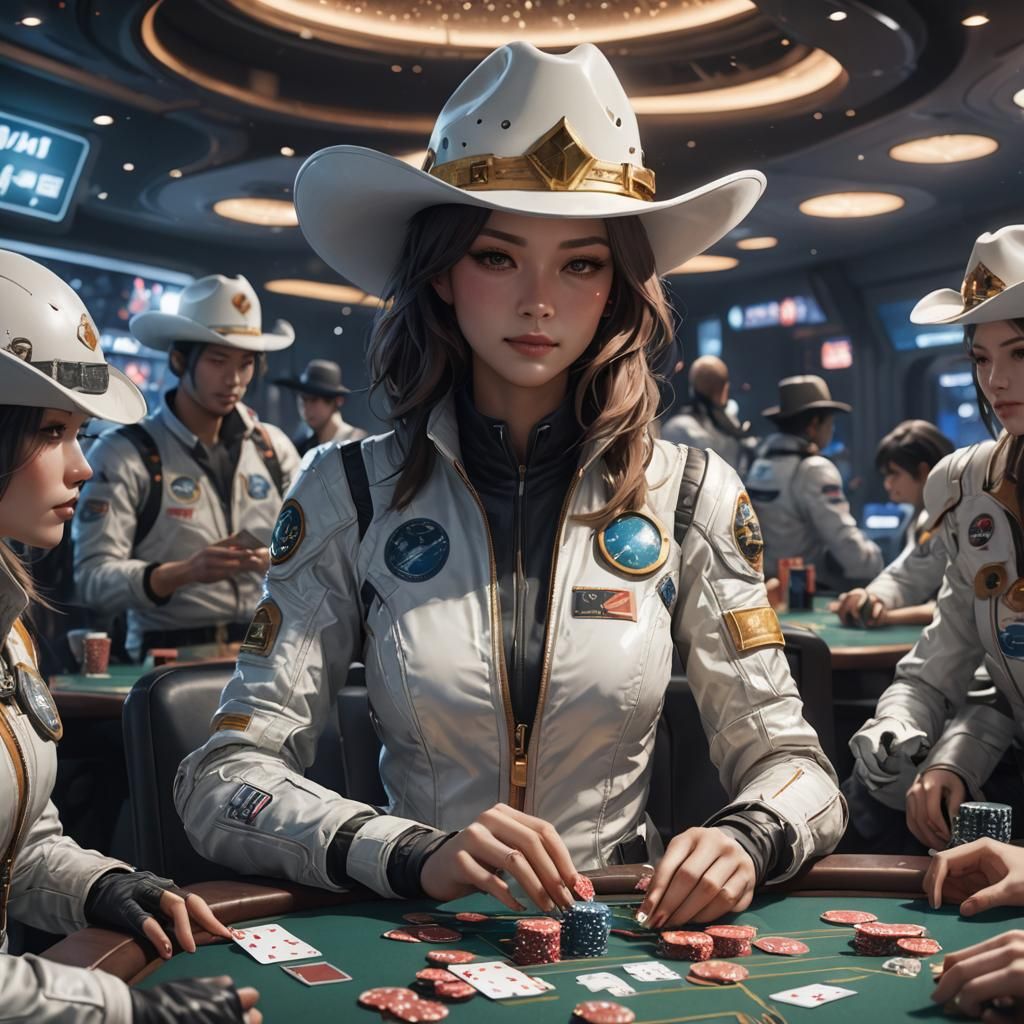 Anime Style Women Play Poker in Space