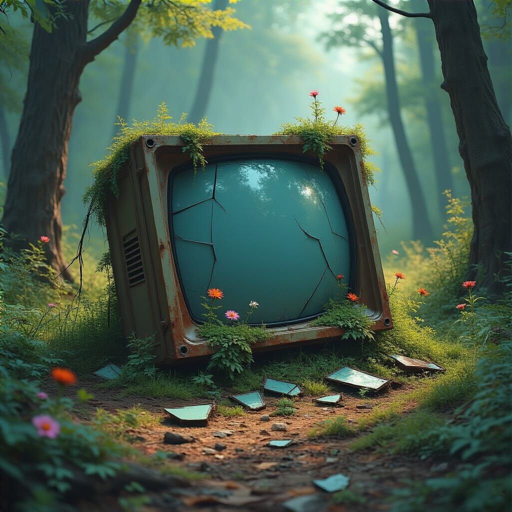 Shattered Screen in Overgrown Forest, Dystopian Landscape St...