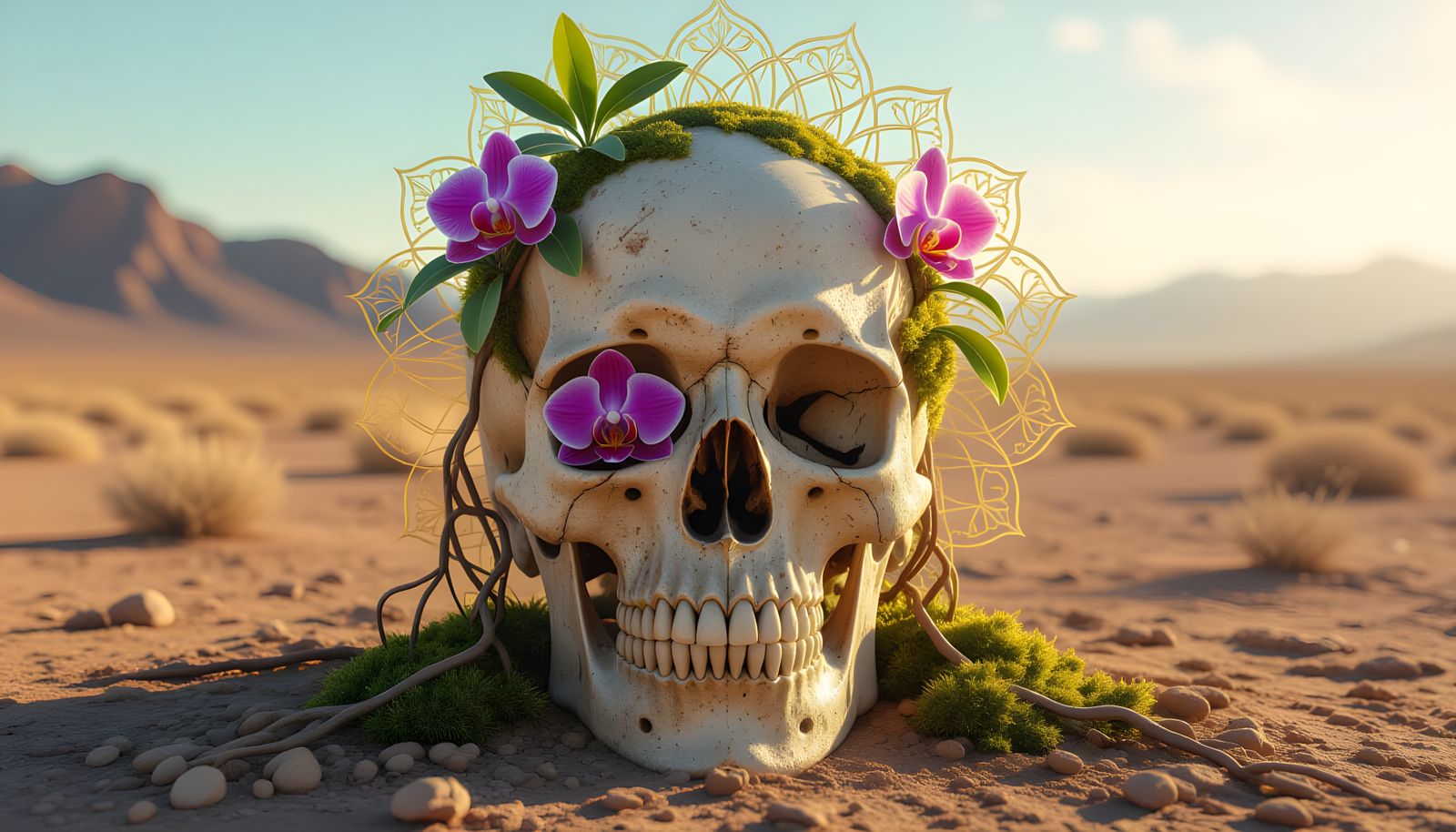 Orchid Skull Macro: Hyperrealistic Desert Art