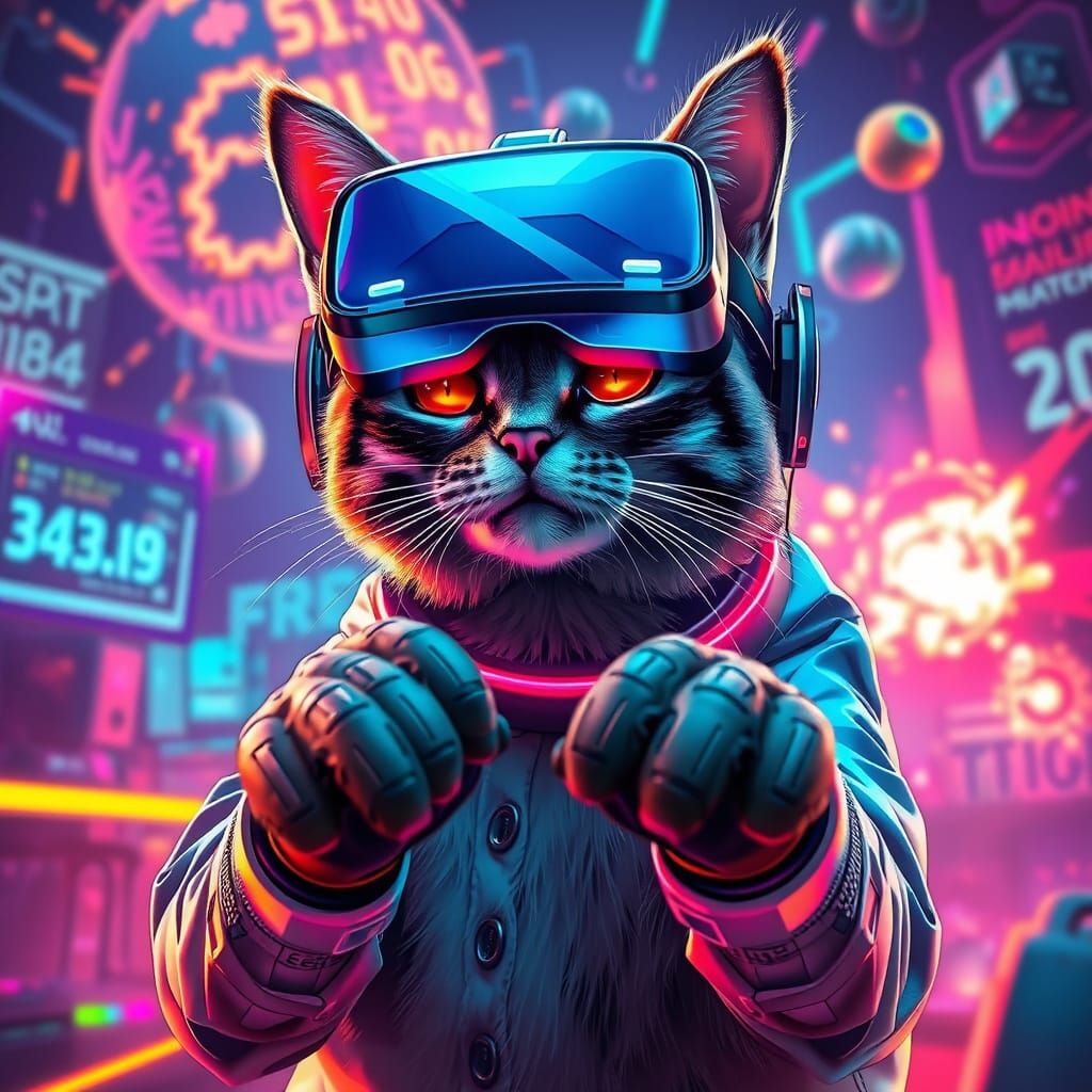 Cat Immersed in VR Game with Neon Holograms