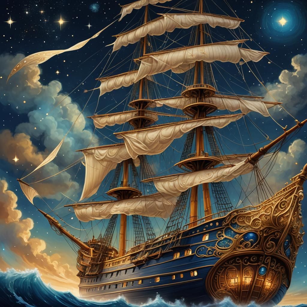Sailing Ship Soars Through Night Sky in Digital Painting