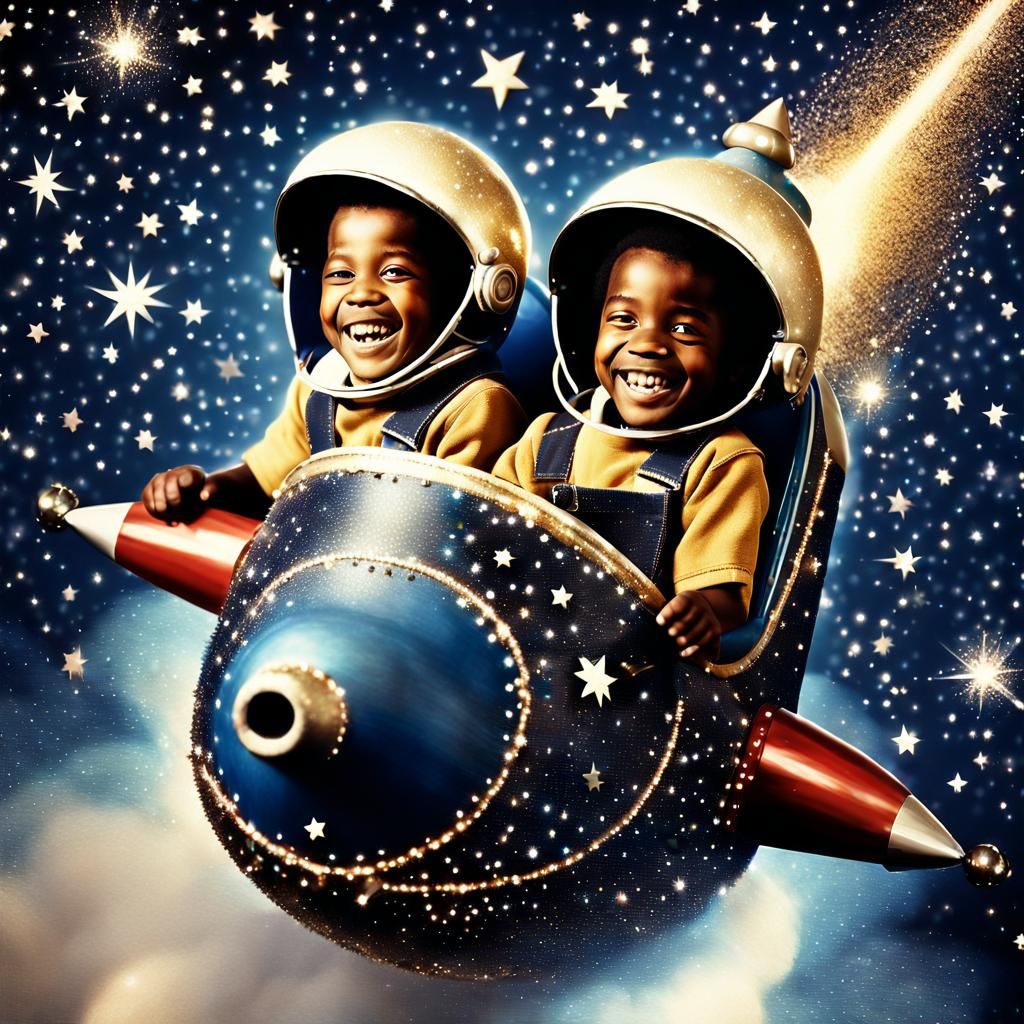 Children Ride Rocket Through Twinkling Galaxy