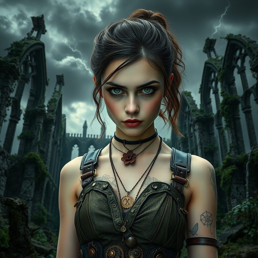 Steampunk Goddess Amidst Gothic Ruins
