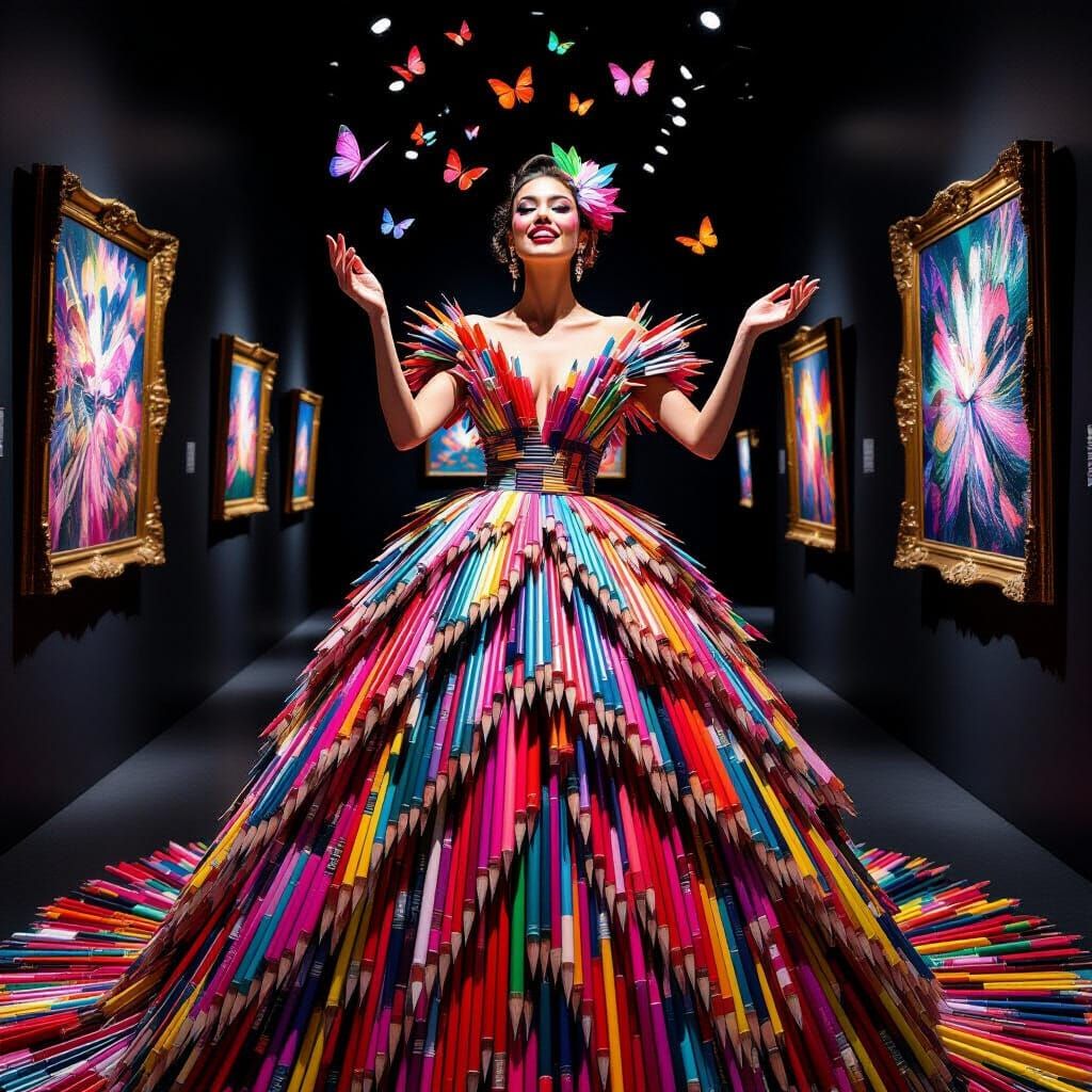 Woman in Pencil Dress with Butterfly in Surreal Art Gallery