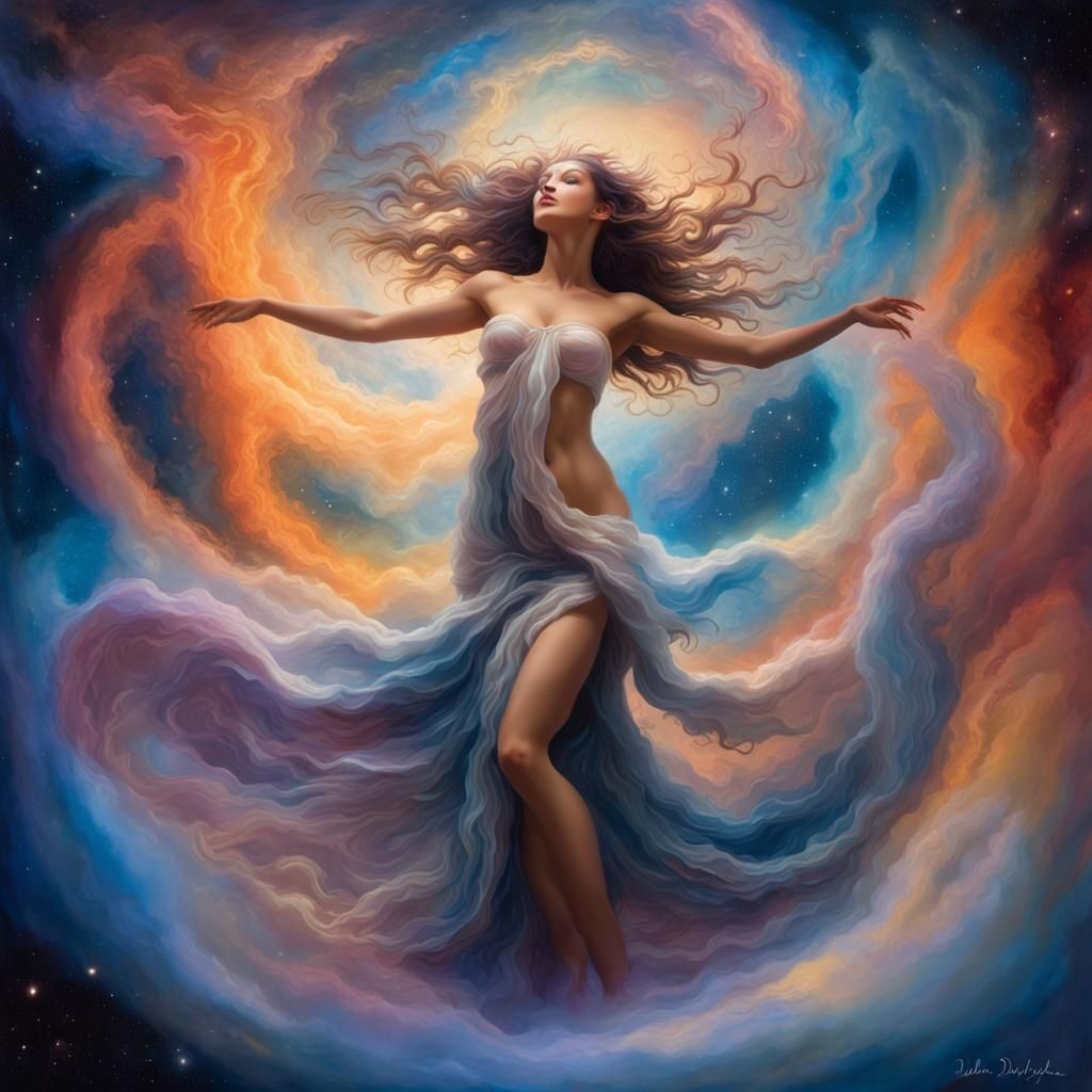 Goddess Emerges from Swirling Nebulae in Digital Art