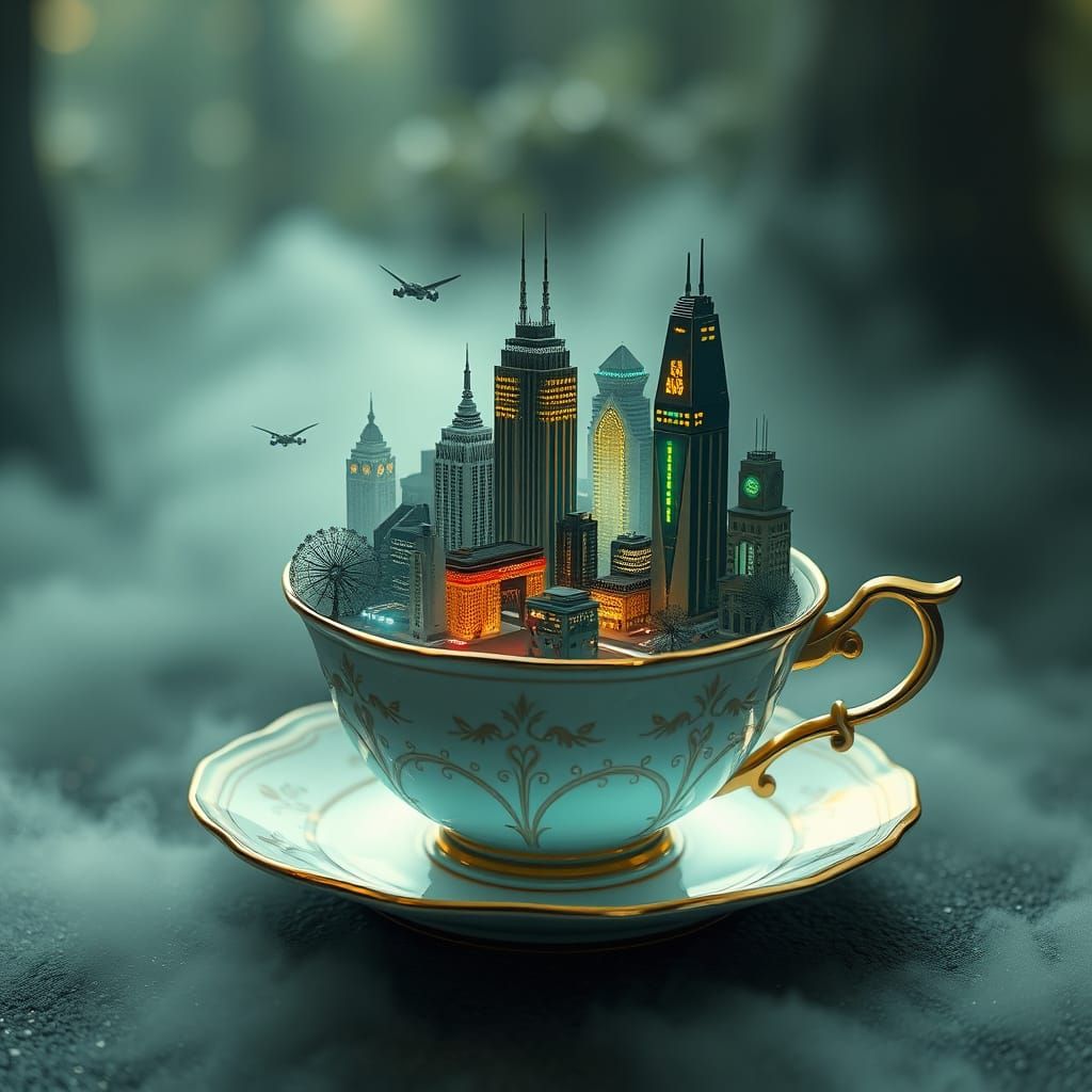 Miniature Futuristic Cityscape in an Ornate Teacup