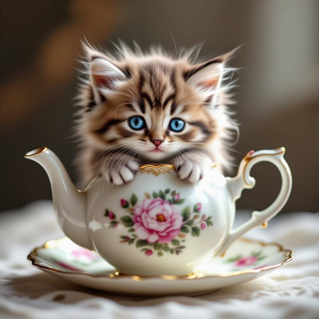 Fluffy Kitten Peeks From Ornate Teapot